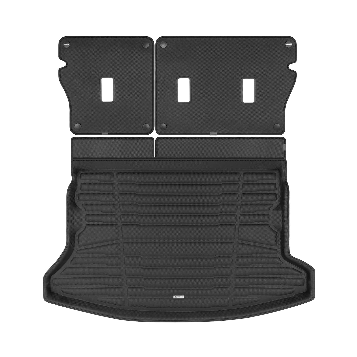 A set of black TuxMat trunk mats for Subaru Impreza models.