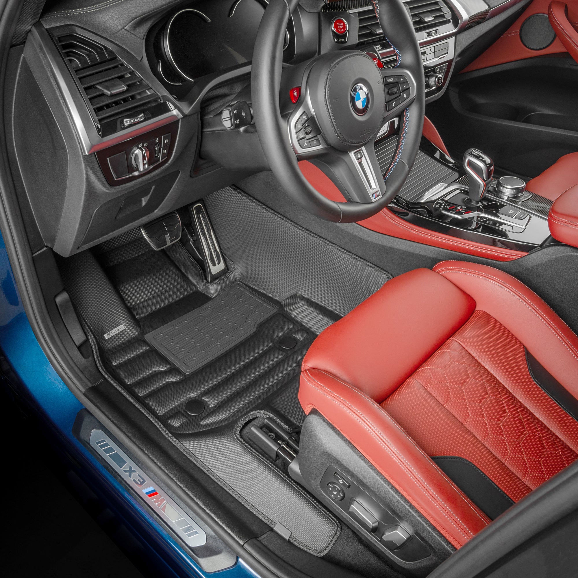 A set of black TuxMat trunk mats for BMW X3 models.
