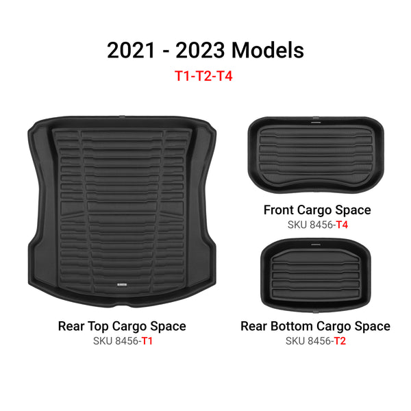 A set of black TuxMat trunk mats for Tesla Model 3 models.