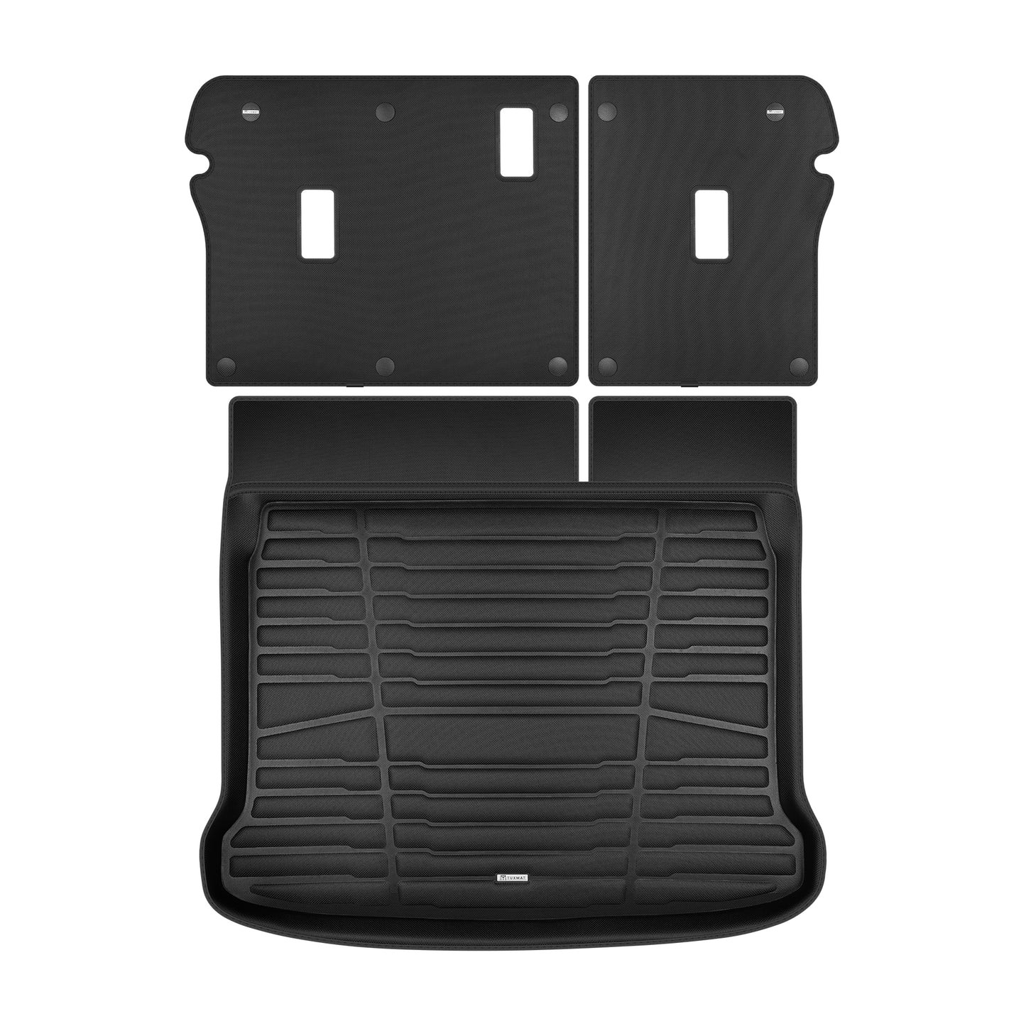 A set of black TuxMat trunk mats for Mazda 3 models.