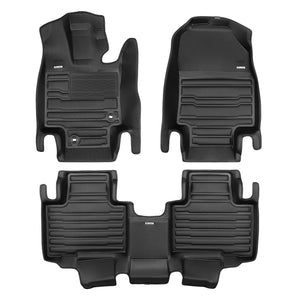 A set of black TuxMat car floor mats for Toyota Highlander models.