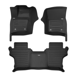 A set of black TuxMat car floor mats for Land Rover Defender 90 models.