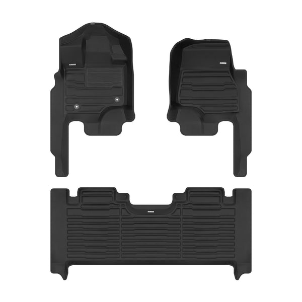 A set of black TuxMat car floor mats for Ford F150 models.