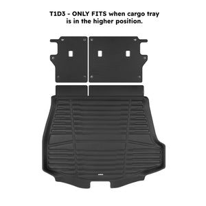 A set of black TuxMat trunk mats for Subaru Solterra models.