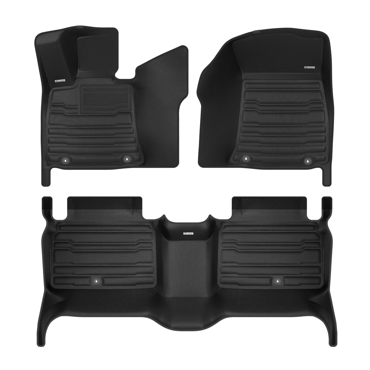 A set of black TuxMat car floor mats for Genesis G80 models.