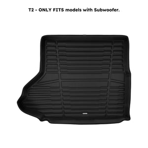 A set of black TuxMat trunk mats for Ford Mustang models.