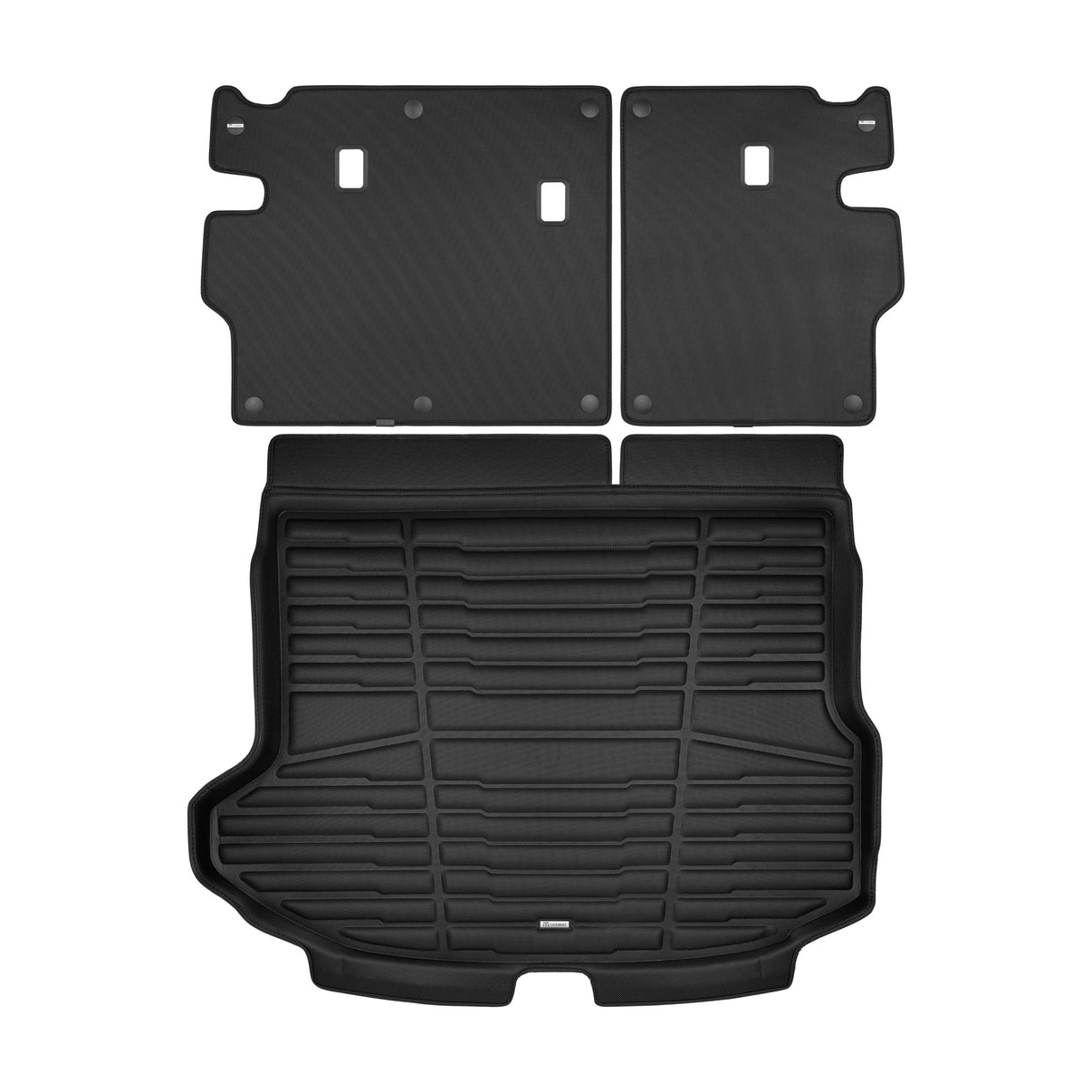 A set of black TuxMat trunk mats for Kia Seltos models.