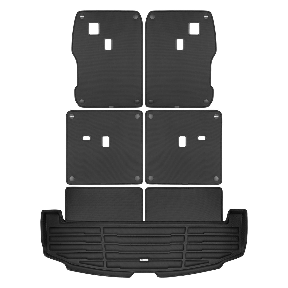 A set of black TuxMat trunk mats for Hyundai Santa Fe models.