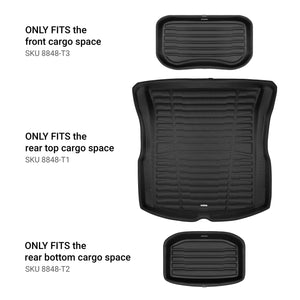 A set of black TuxMat car floor mats for Tesla Model 3 models.