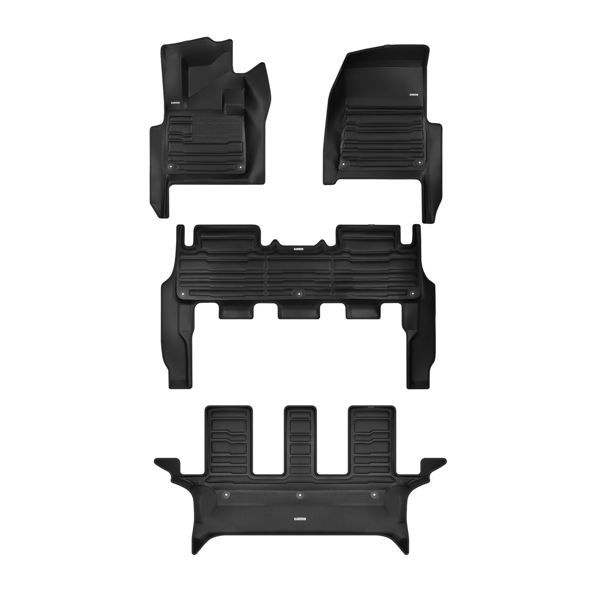 A set of black TuxMat car floor mats for Rivian R1S models.