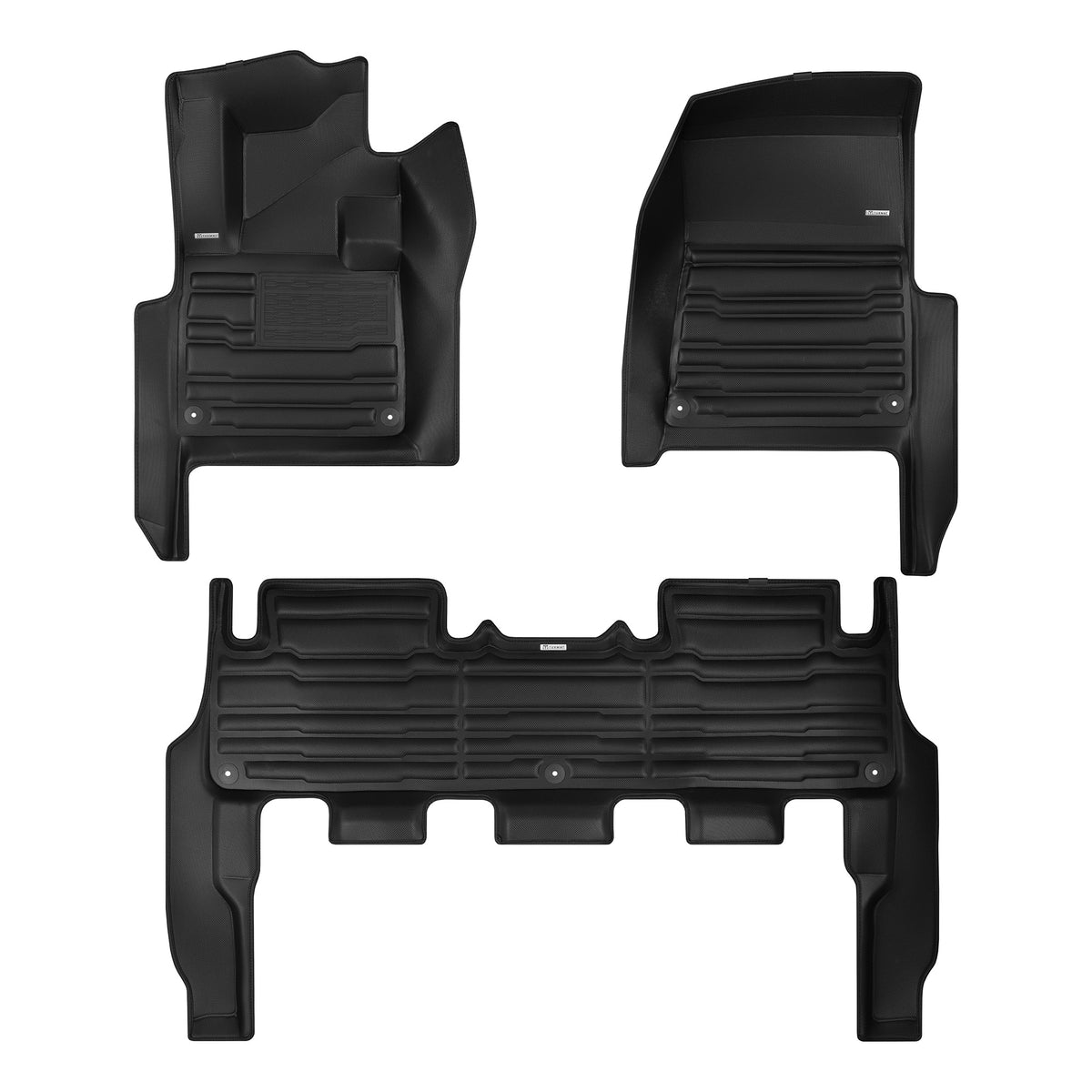 A set of black TuxMat car floor mats for Rivian R1S models.