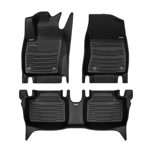 A set of black TuxMat car floor mats for Nissan Kicks models.