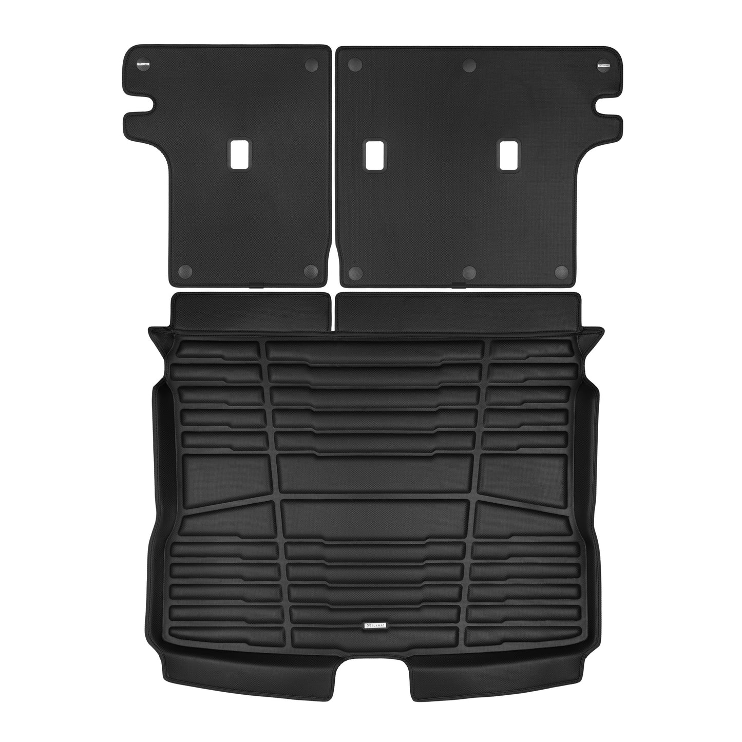 A set of black TuxMat trunk mats for Nissan Kicks models.