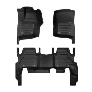 A set of black TuxMat car floor mats for Landrover Defender 110 models.