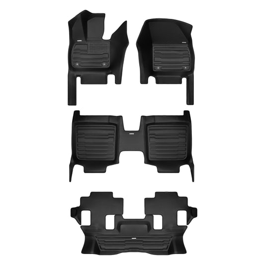 A set of black TuxMat car floor mats for VinFast VF9 models.