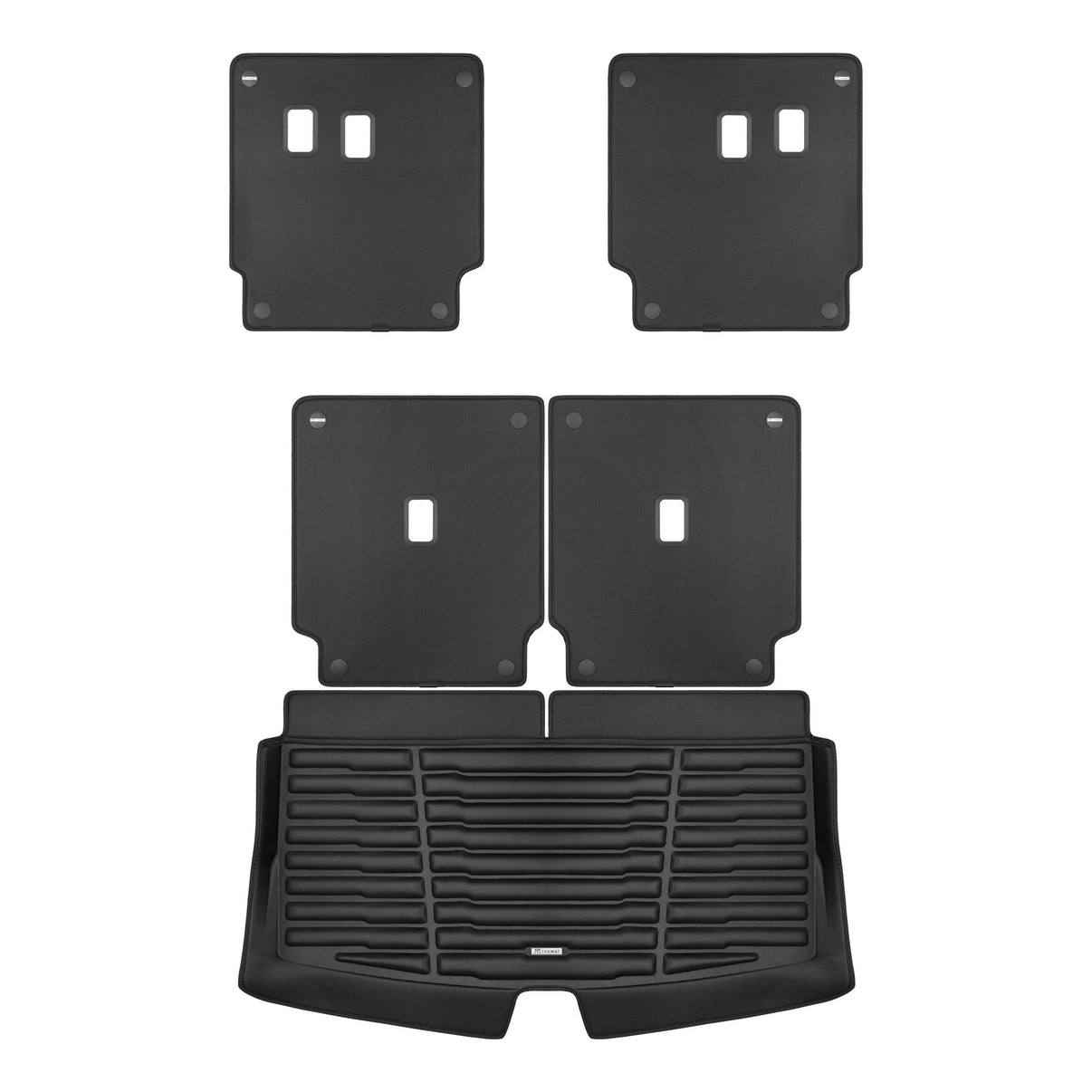 A set of black TuxMat trunk mats for Cadillac Vistiq models.