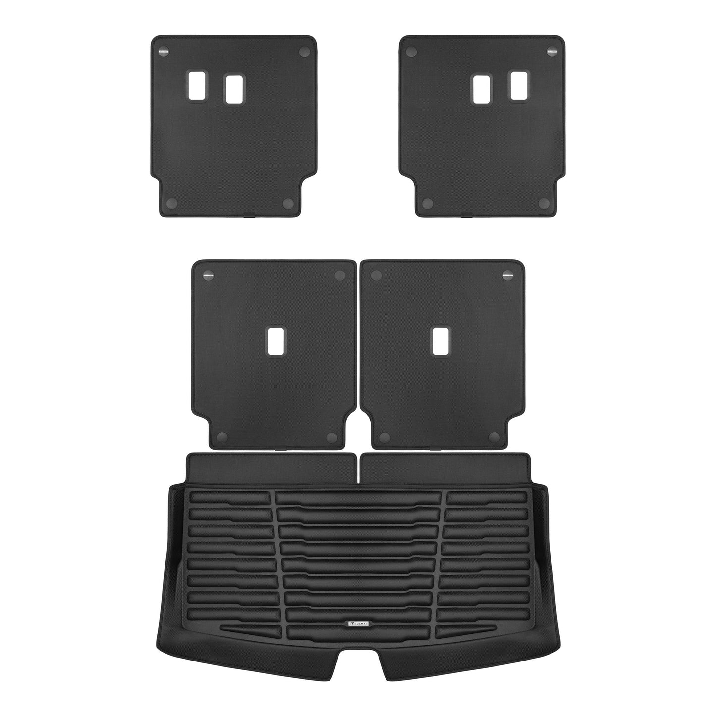 A set of black TuxMat trunk mats for Cadillac Vistiq models.