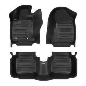 A set of black TuxMat car floor mats for Subaru Outback models.