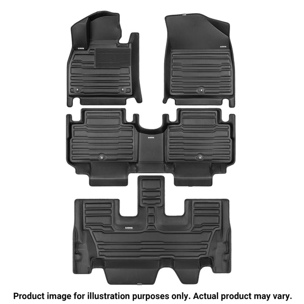 A set of black TuxMat car floor mats for Land Rover Defender models.