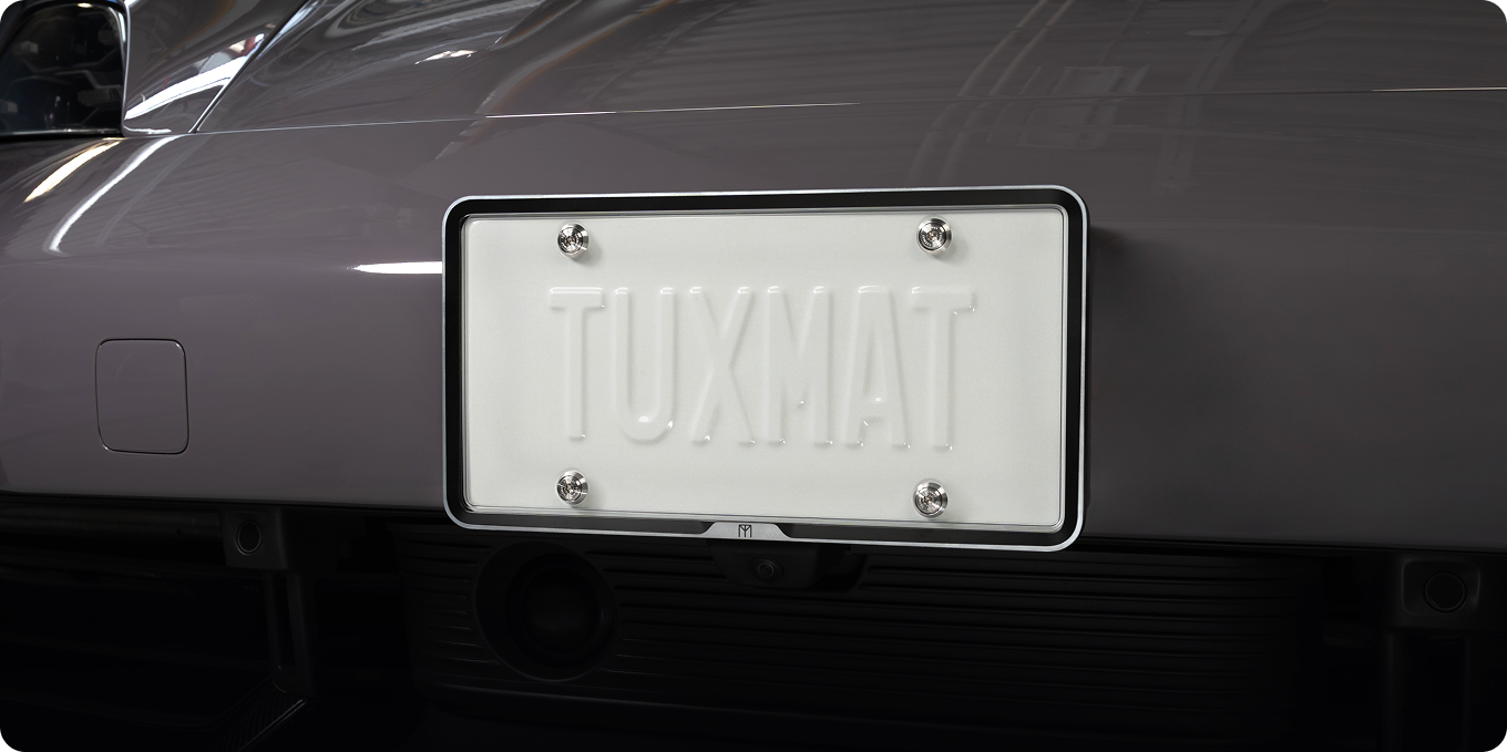 TuxMat license plate case on a vehicle