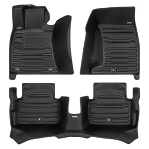 A set of black TuxMat car floor mats for Kia Stinger models.