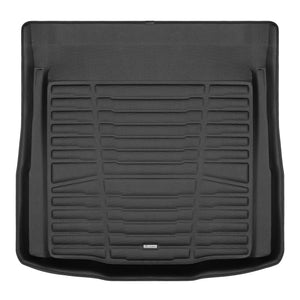 A set of black TuxMat trunk mats for BMW 3-Series models.