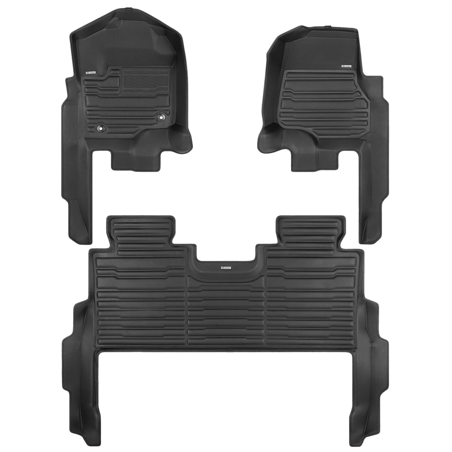 A set of black TuxMat car floor mats for Ford F350 models.