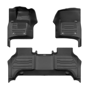 A set of black TuxMat car floor mats for Land Rover Defender 110 models.